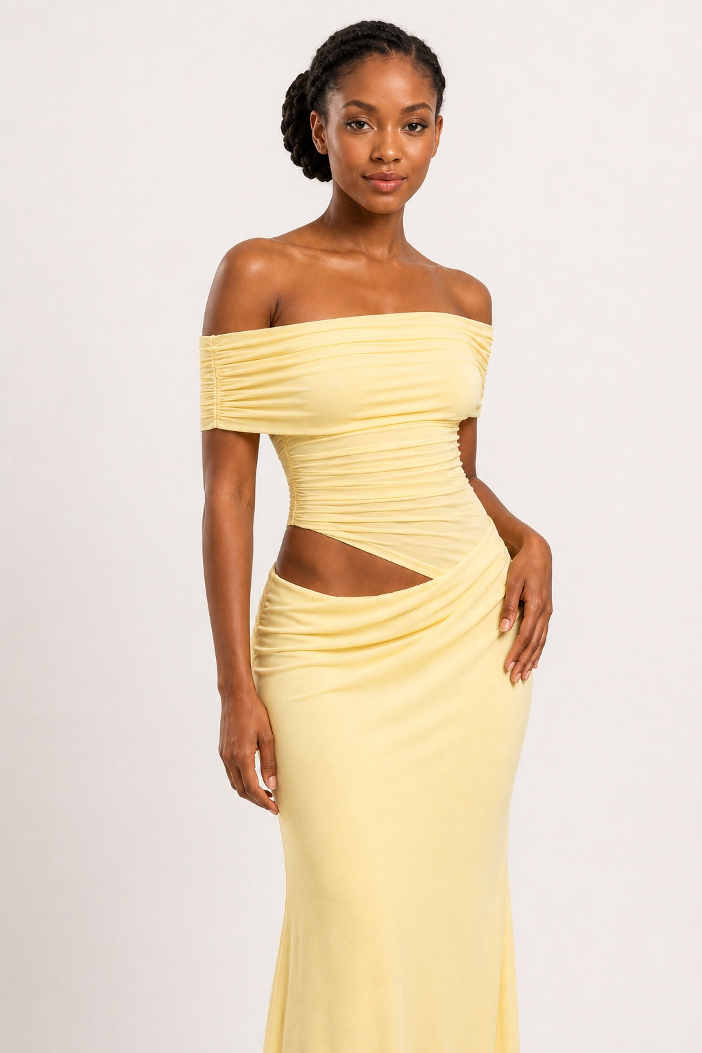 Ivy pale yellow ruched asymmetric maxi dress - ruching and cutout detail