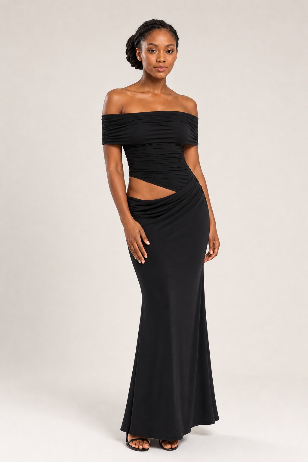 Ivy ruched mesh asymmetric bodycon maxi dress in Black