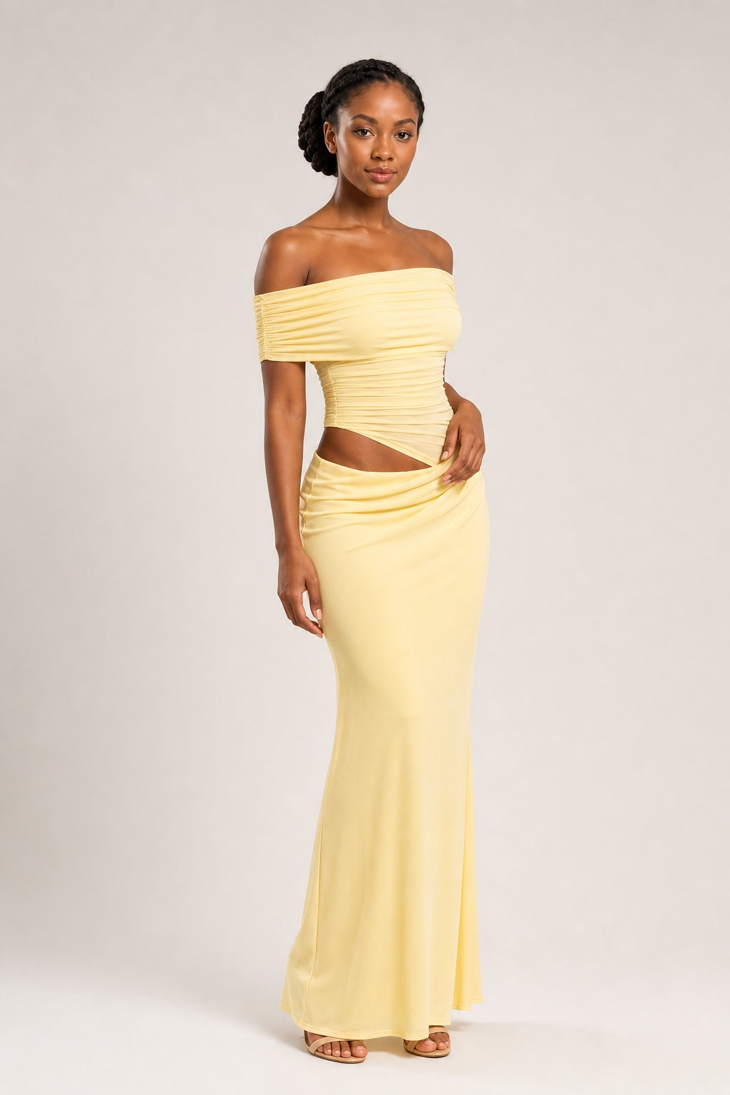 Ivy ruched mesh asymmetric bodycon maxi dress in Yellow