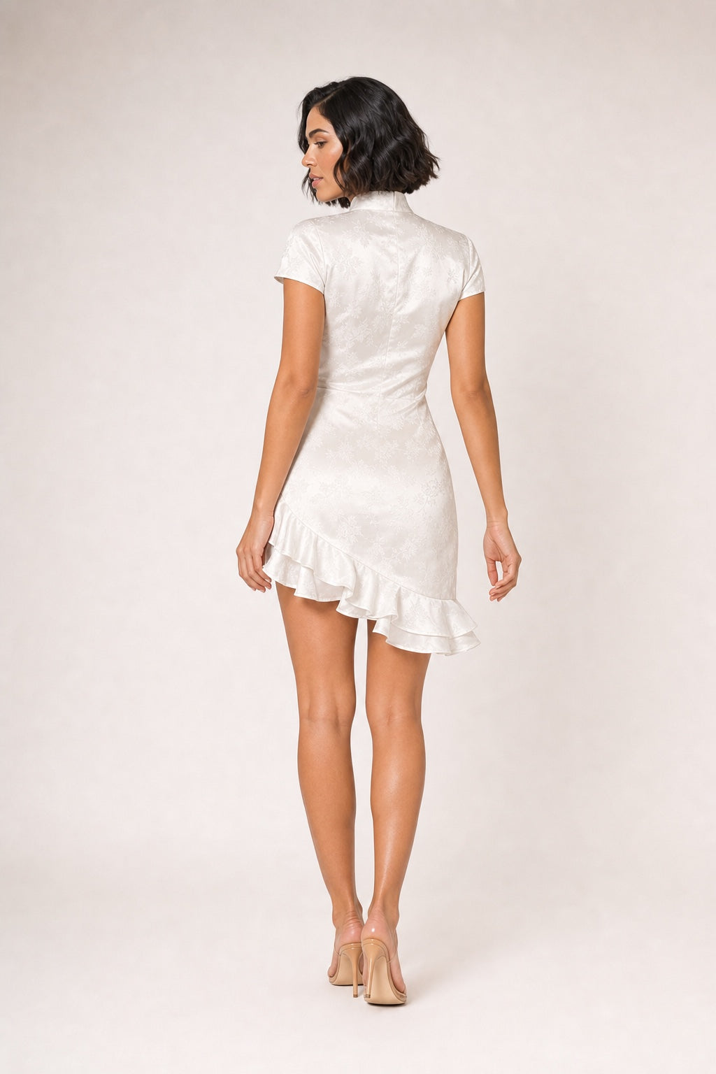 Grace ivory satin jacquard ruffle mini dress - studio back view