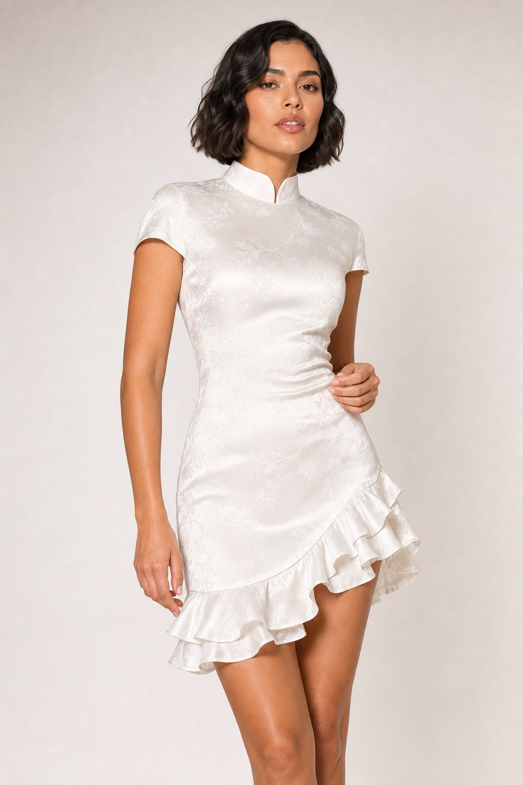 Grace ivory satin jacquard ruffle mini dress - collar jacquard and hem detail