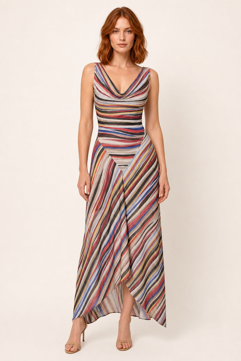 Genesis striped cowl-neck maxi dress - studio front view