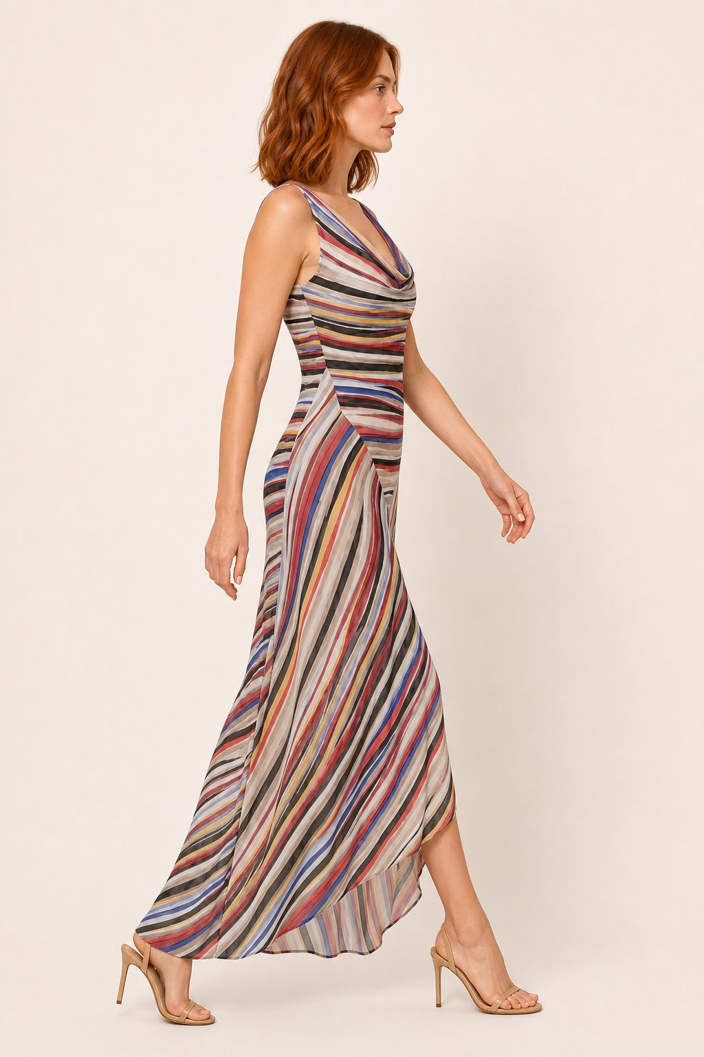 Genesis striped cowl-neck maxi dress - studio side view