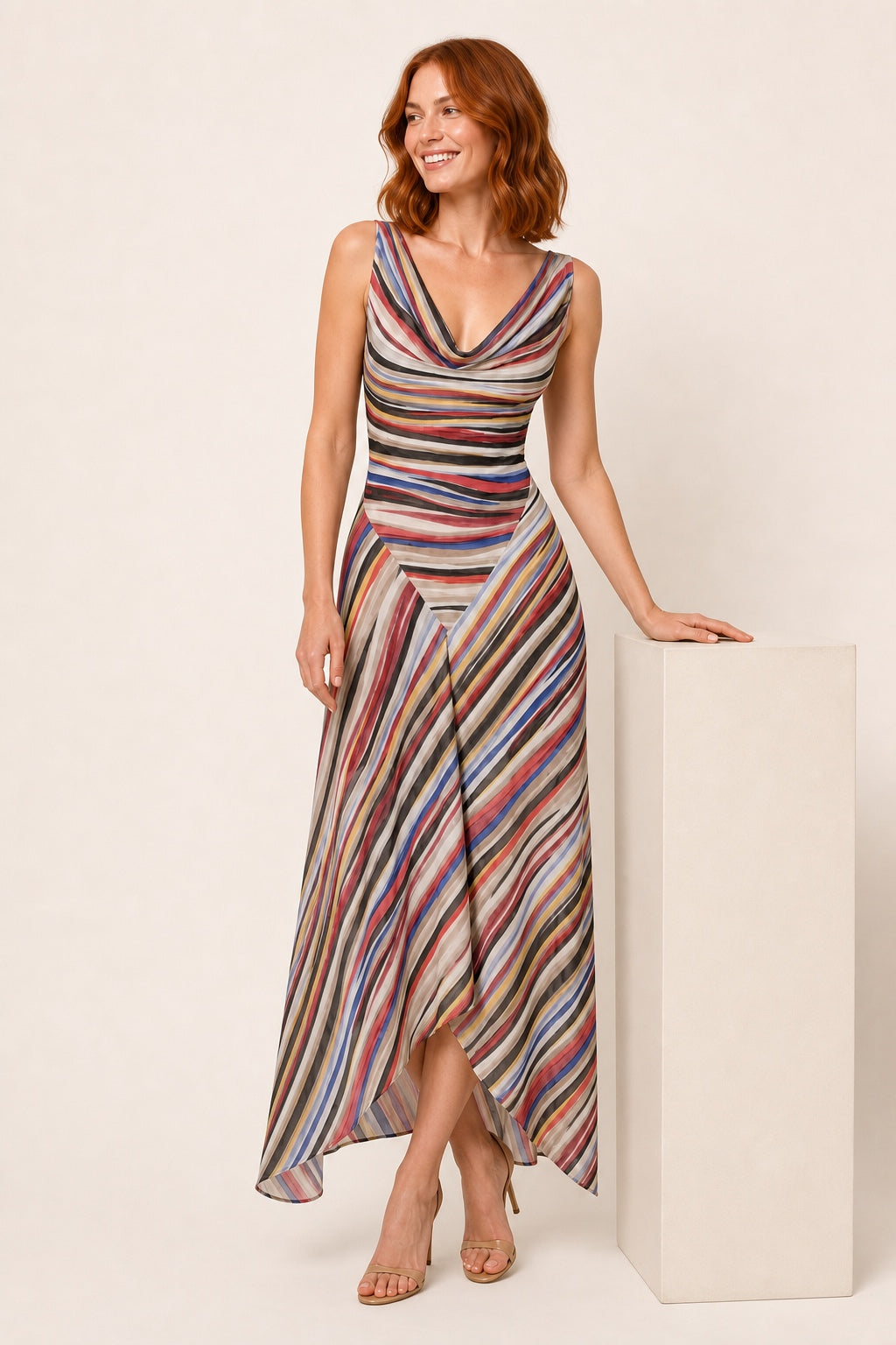 Genesis striped cowl-neck maxi dress - relaxed pedestal view