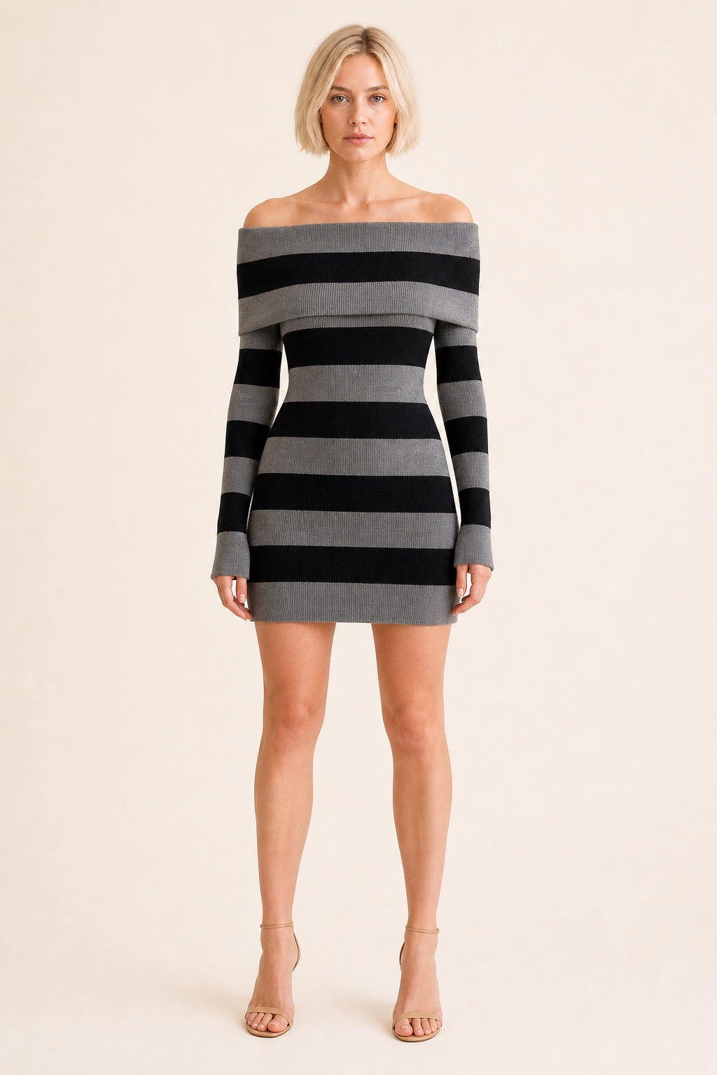 Layla black and gray striped off-shoulder dress - composed studio front