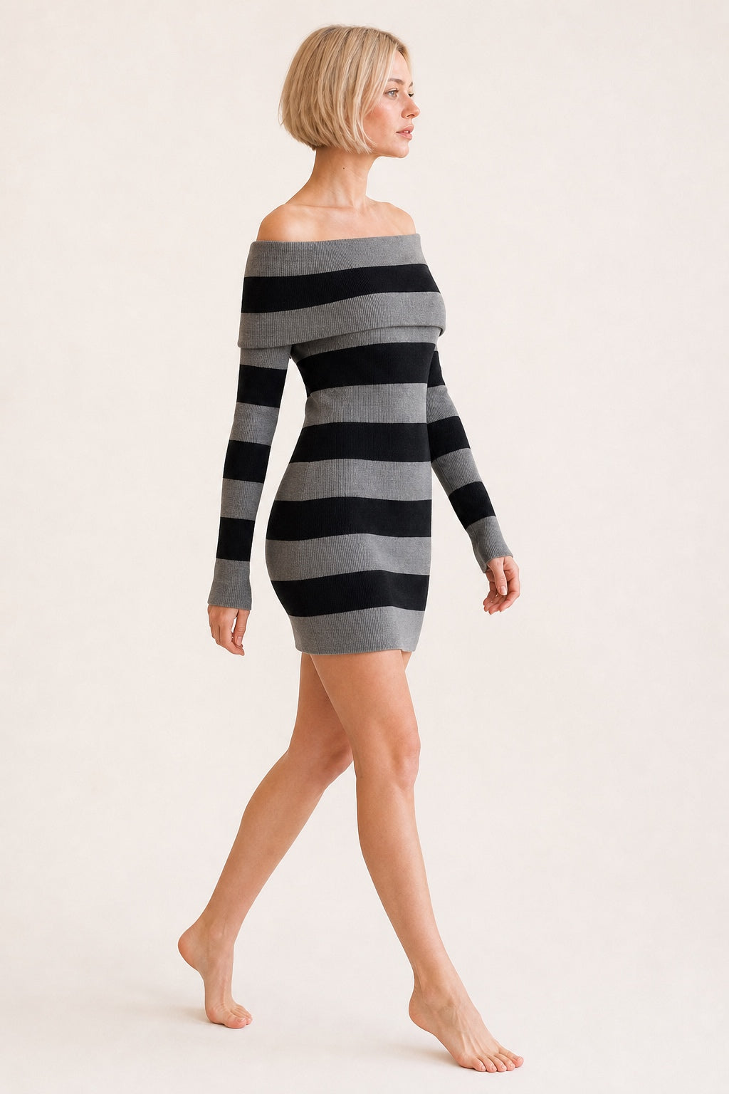 Layla black and gray striped off-shoulder dress - left profile