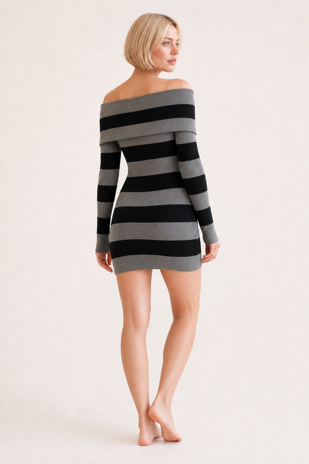 Layla black and gray striped off-shoulder dress - back view