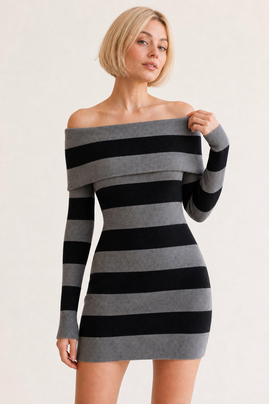 Layla striped off-shoulder dress in black - collar and knit detail