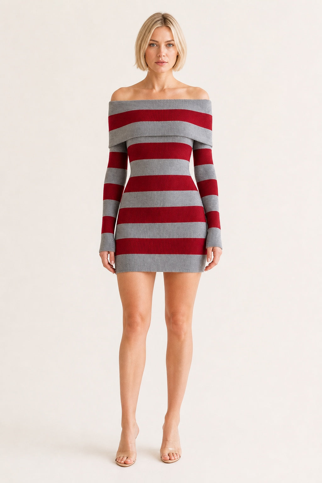 Layla striped off-shoulder dress in red - confident front view