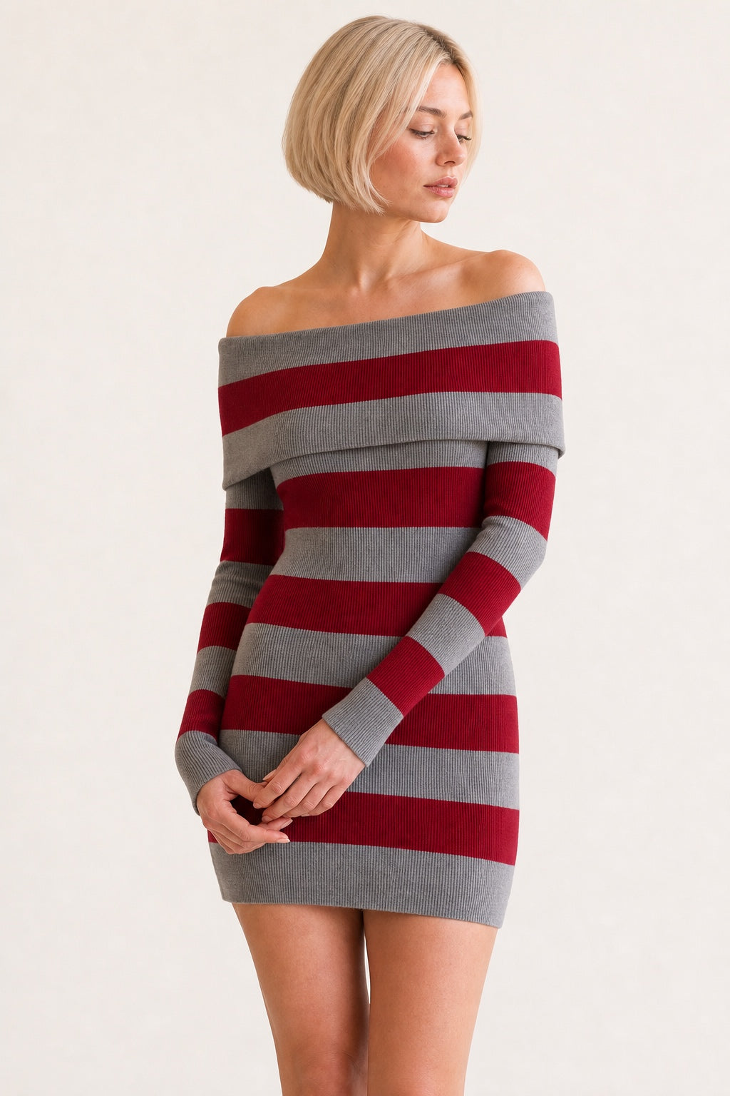 Layla striped off-shoulder dress in red - collar and stripe detail
